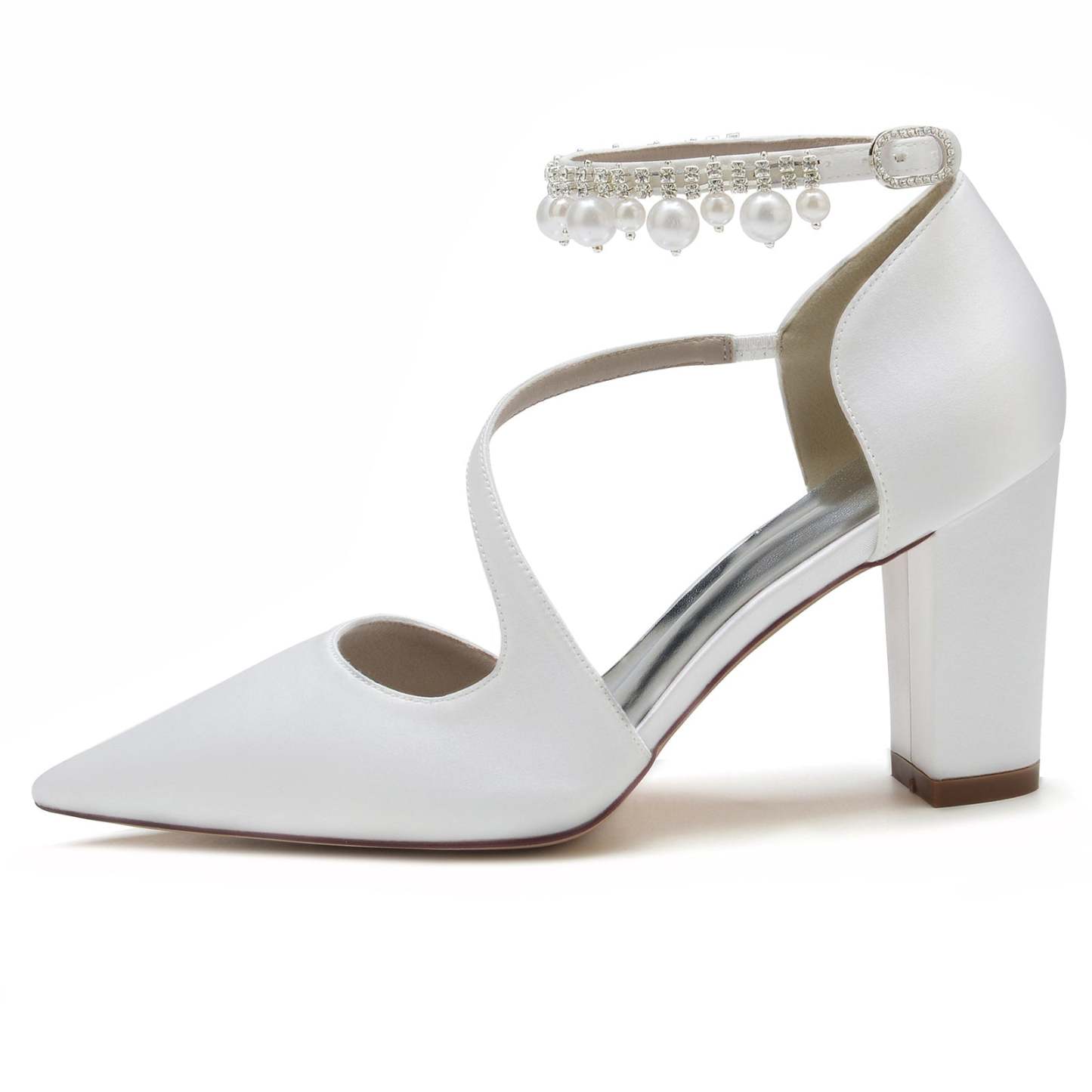 White Pearl Bridal Shoes for Women with Buckle and Pointed Toe