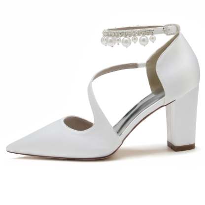 White Pearl Bridal Shoes for Women with Buckle and Pointed Toe