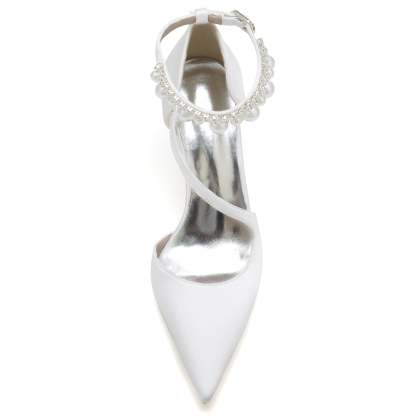 White Pearl Bridal Shoes for Women with Buckle and Pointed Toe