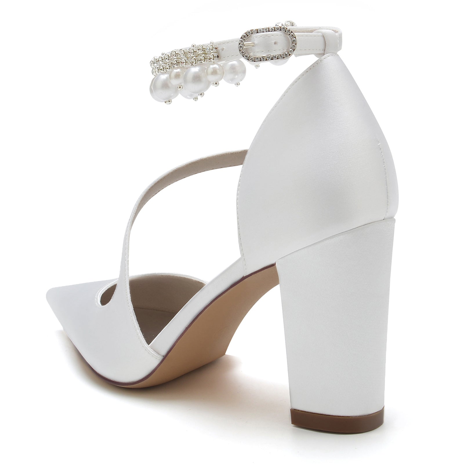 White Pearl Bridal Shoes for Women with Buckle and Pointed Toe