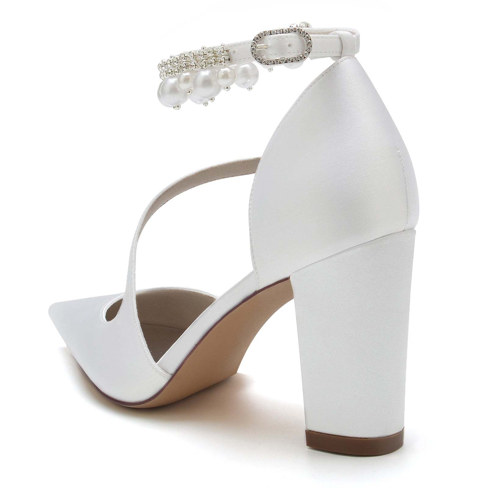 White Pearl Bridal Shoes for Women with Buckle and Pointed Toe