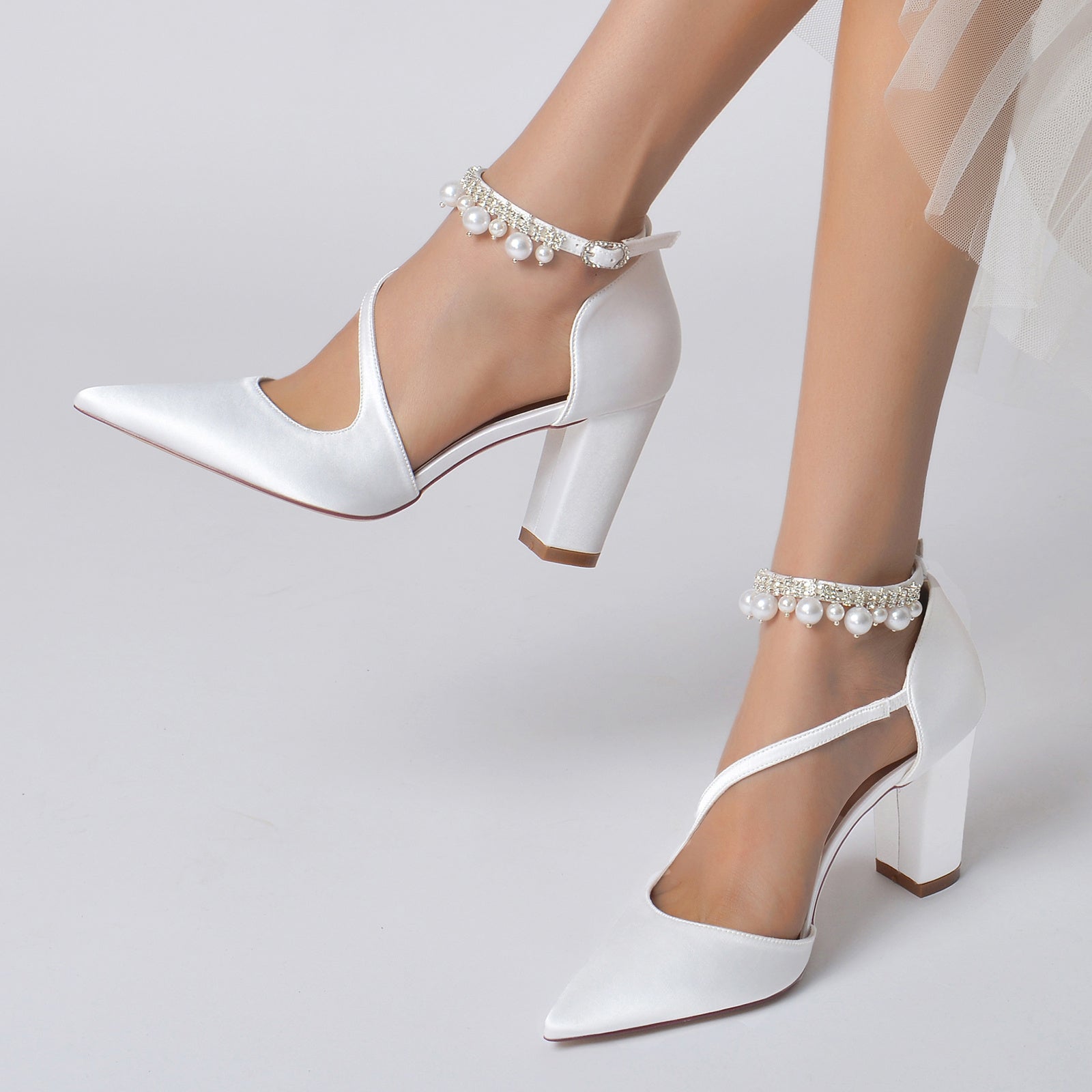 White Pearl Bridal Shoes for Women with Buckle and Pointed Toe