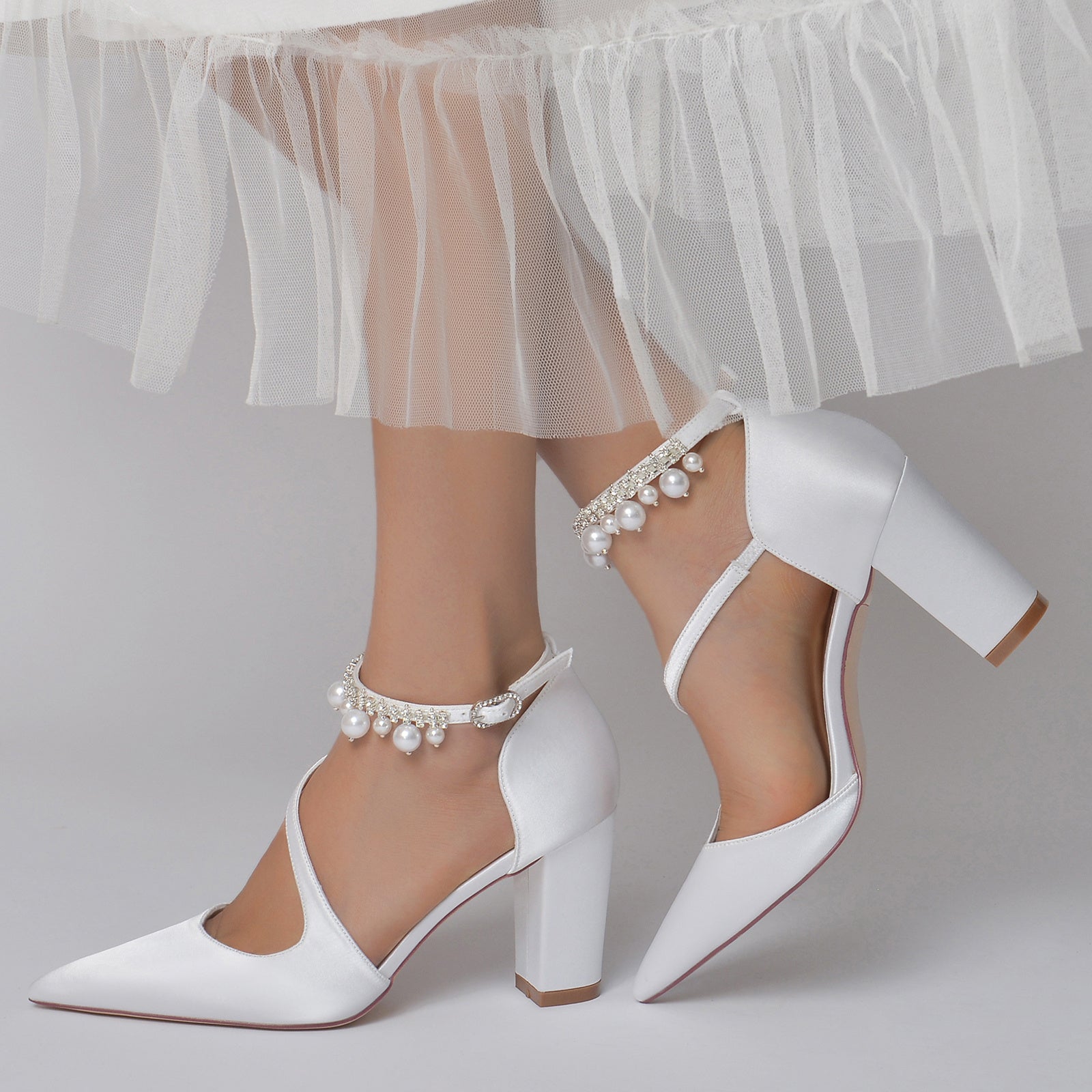 White Pearl Bridal Shoes for Women with Buckle and Pointed Toe