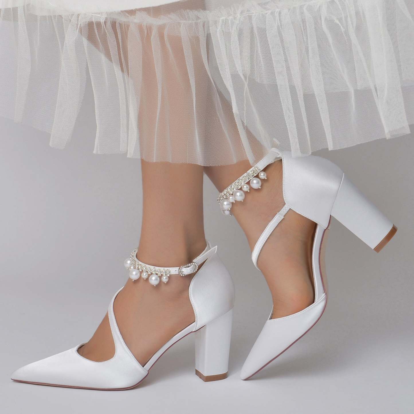 White Pearl Bridal Shoes for Women with Buckle and Pointed Toe