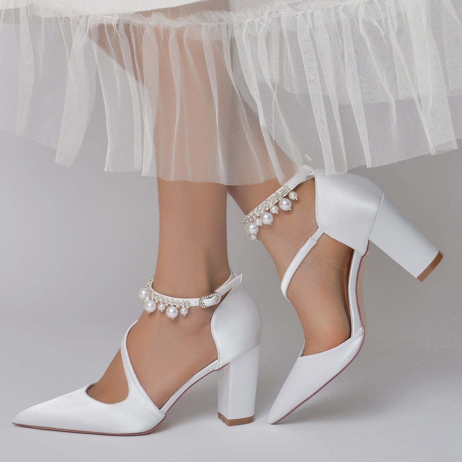 White Pearl Bridal Shoes for Women with Buckle and Pointed Toe