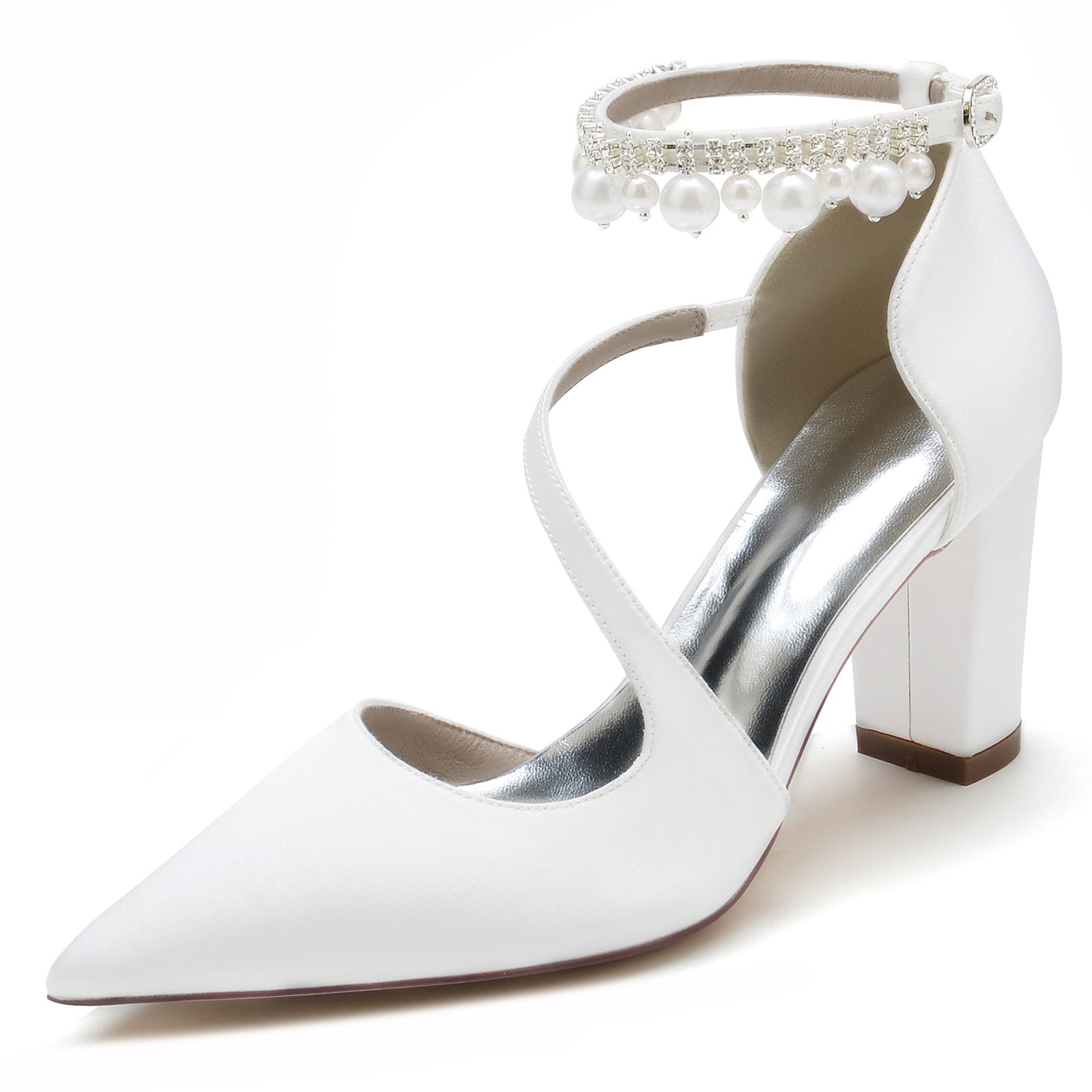 White Pearl Bridal Shoes for Women with Buckle and Pointed Toe