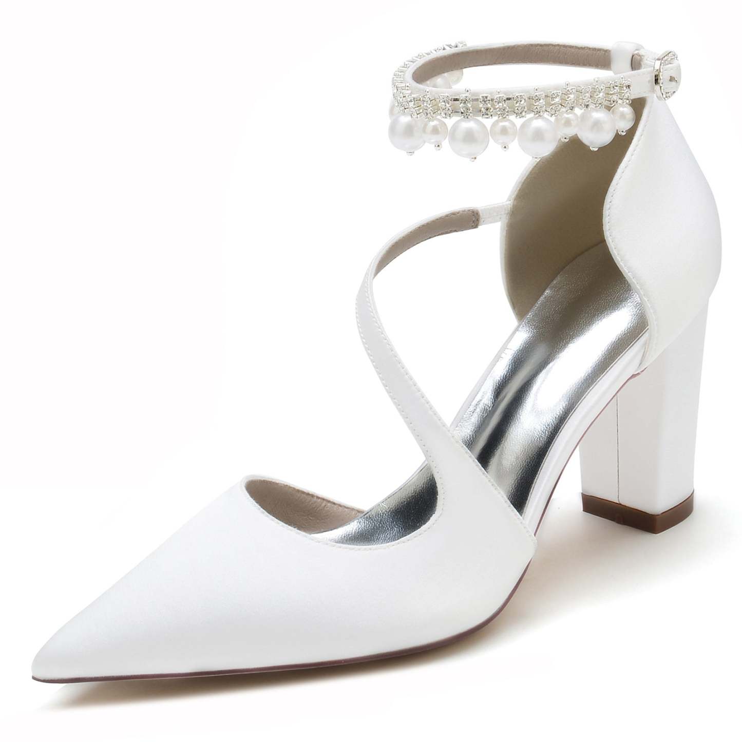 White Pearl Bridal Shoes for Women with Buckle and Pointed Toe