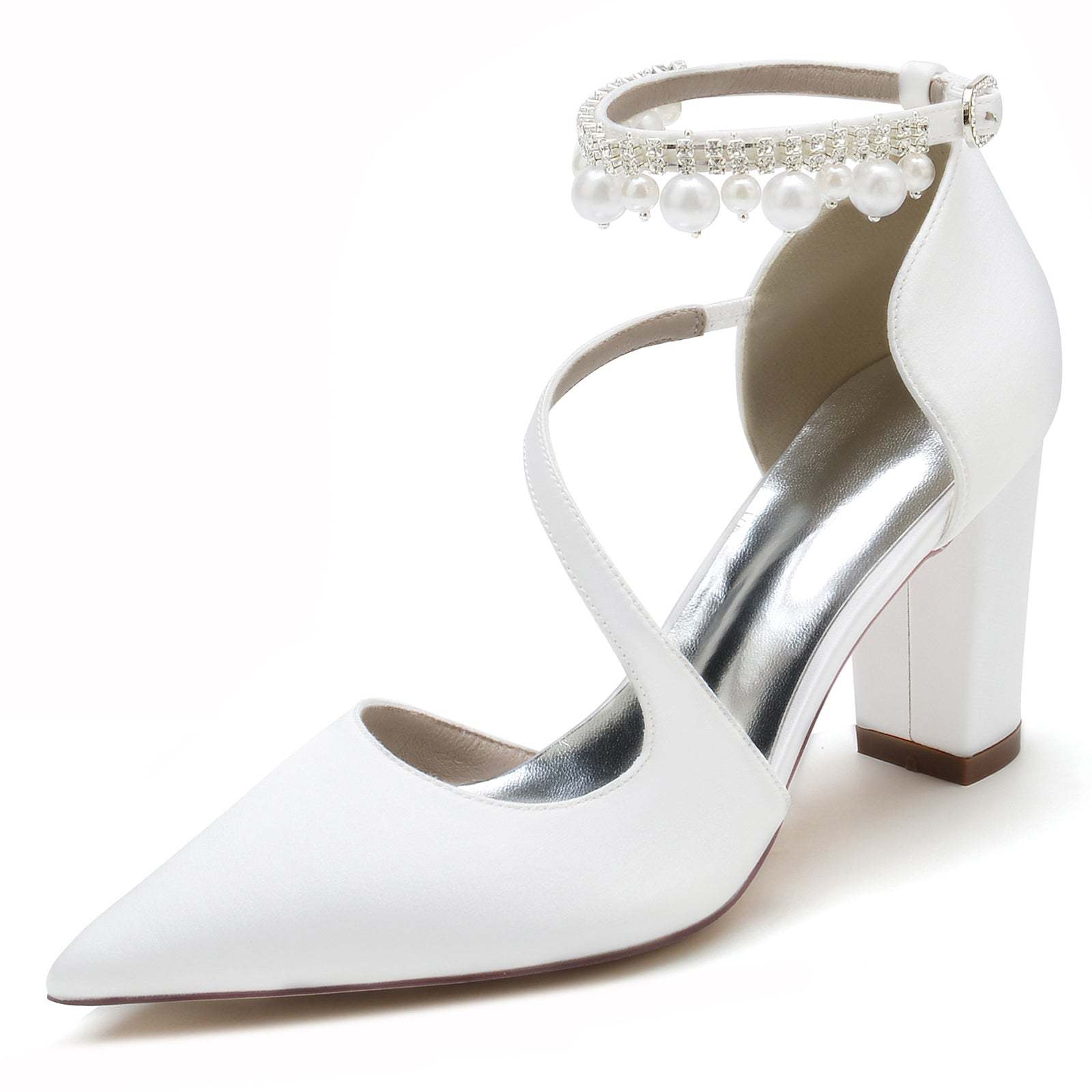 White Pearl Bridal Shoes for Women with Buckle and Pointed Toe