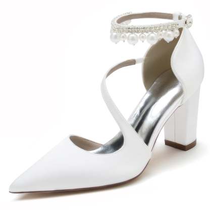 White Pearl Bridal Shoes for Women with Buckle and Pointed Toe