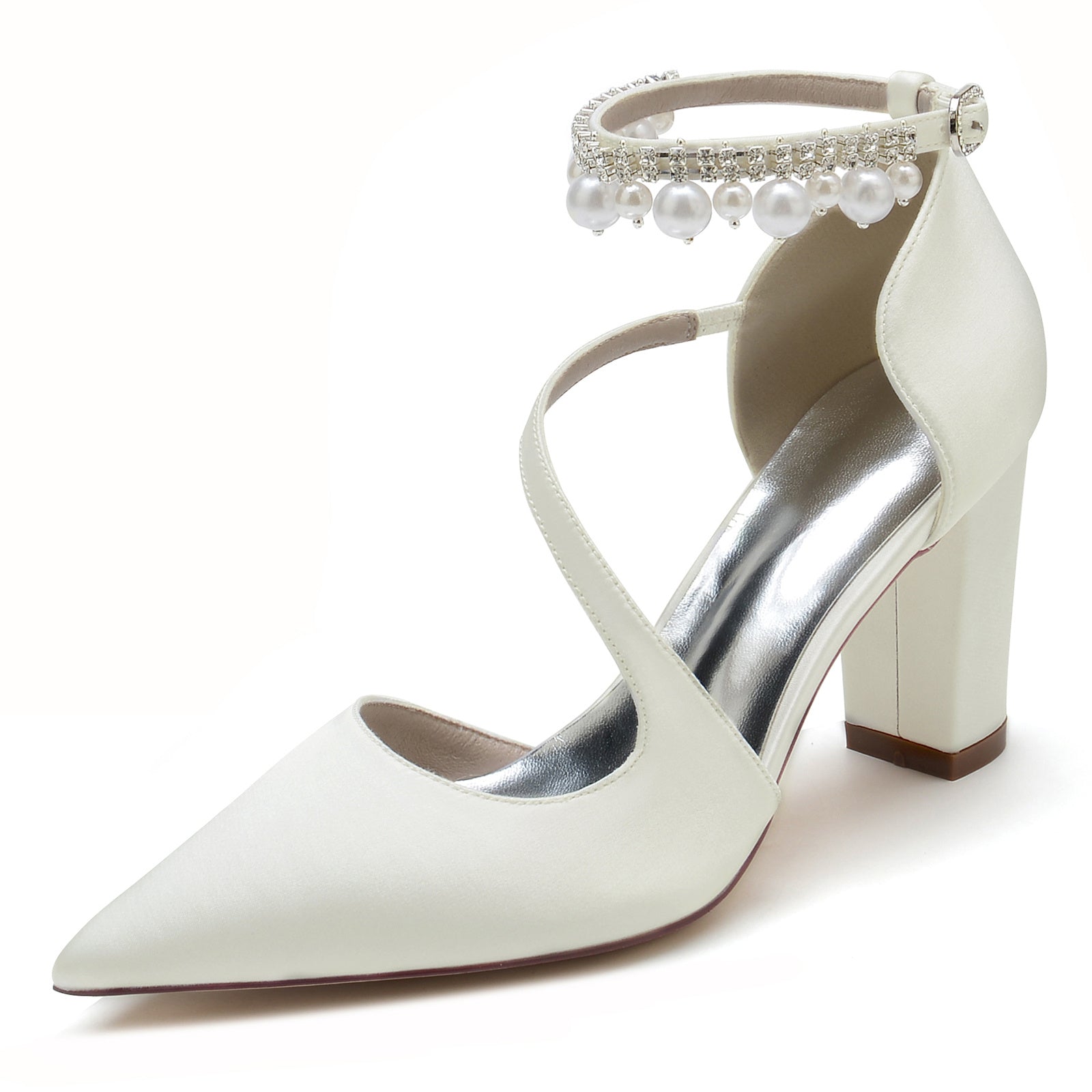 White Pearl Bridal Shoes for Women with Buckle and Pointed Toe