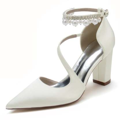 White Pearl Bridal Shoes for Women with Buckle and Pointed Toe