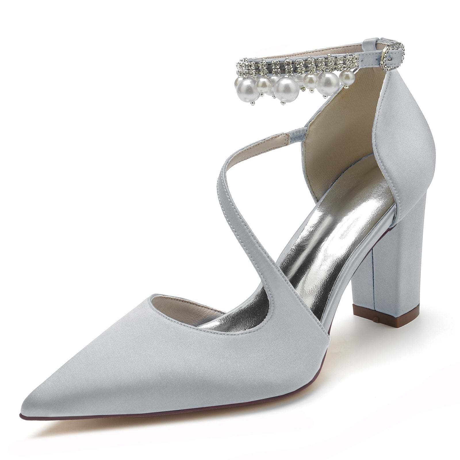 White Pearl Bridal Shoes for Women with Buckle and Pointed Toe