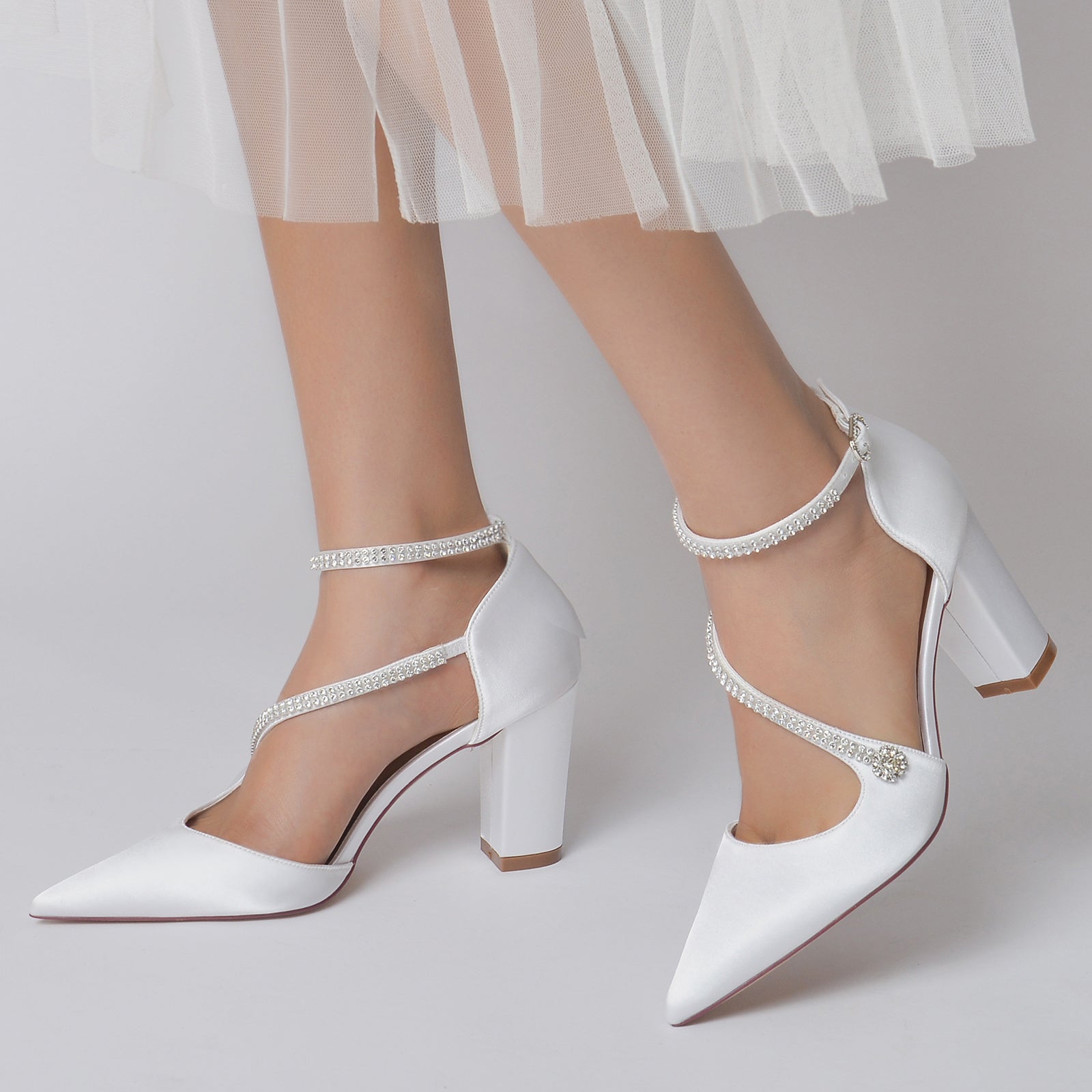 Bridal Shoes for Women with Rhinestones Block Heel and Pointed Toe
