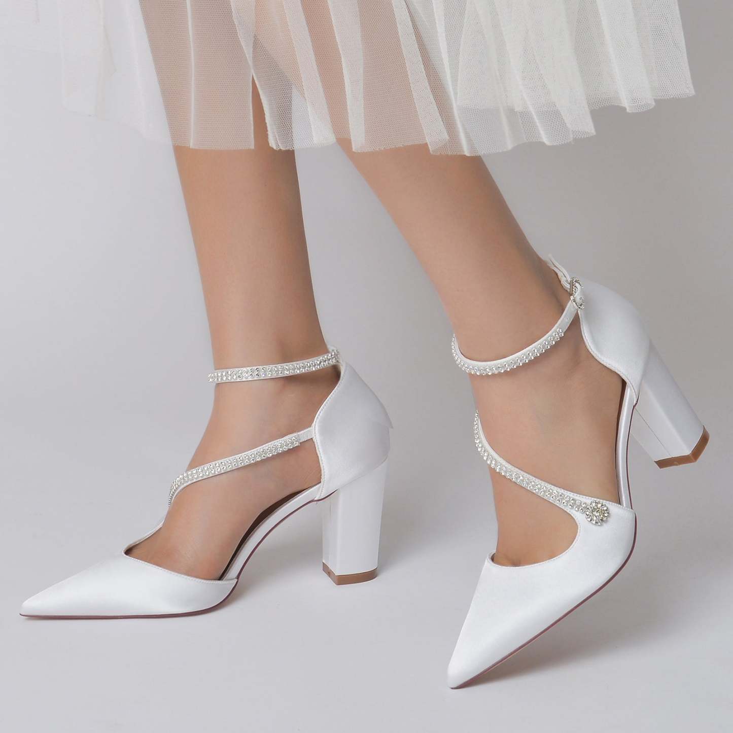 Bridal Shoes for Women with Rhinestones Block Heel and Pointed Toe