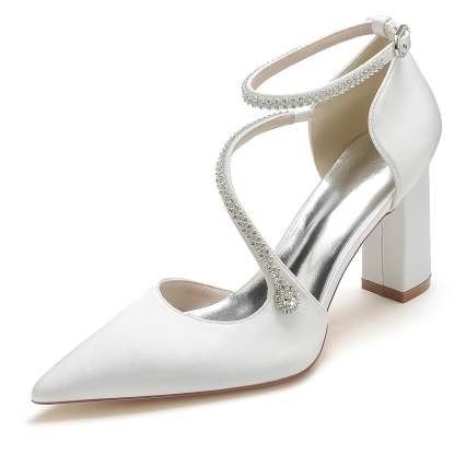 Bridal Shoes for Women with Rhinestones Block Heel and Pointed Toe