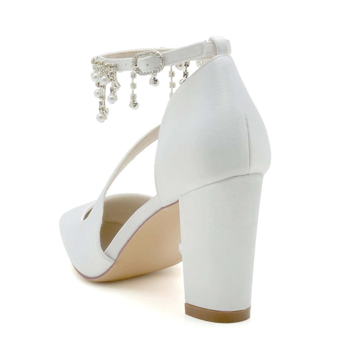 Bridal Shoes for Women with Chunky Pointed Toe and Pearl Buckle in Silk Satin