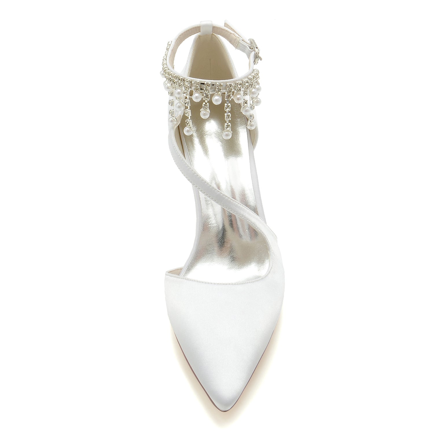 Bridal Shoes for Women with Chunky Pointed Toe and Pearl Buckle in Silk Satin