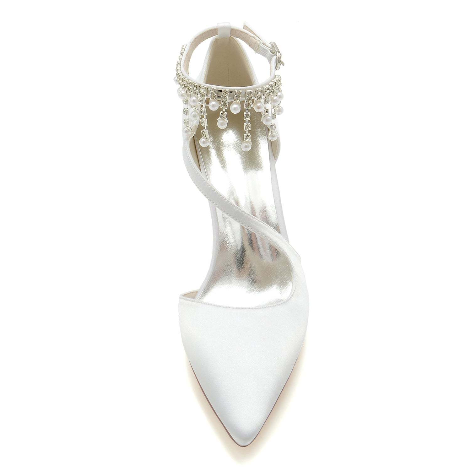 Bridal Shoes for Women with Chunky Pointed Toe and Pearl Buckle in Silk Satin