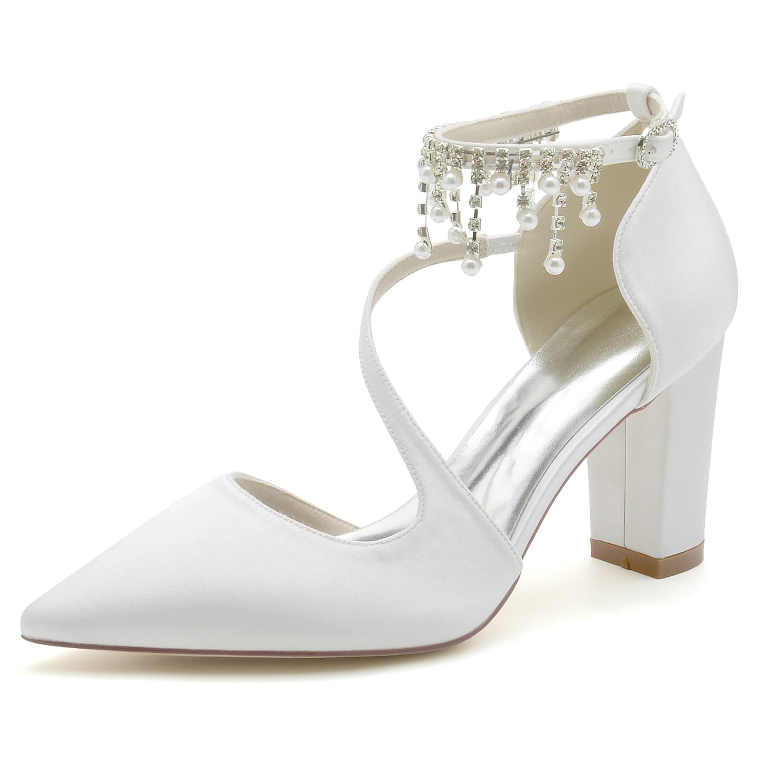 Bridal Shoes for Women with Chunky Pointed Toe and Pearl Buckle in Silk Satin