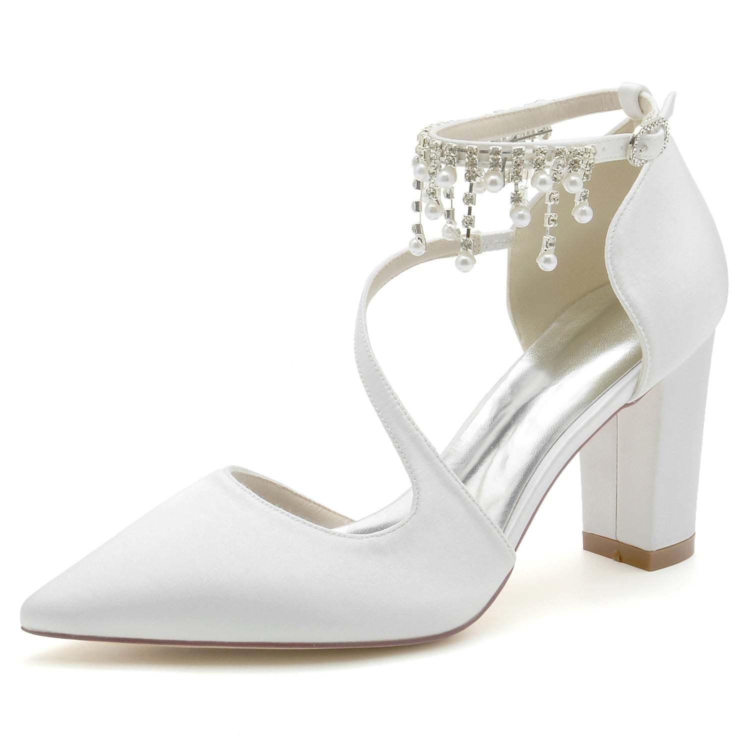 Bridal Shoes for Women with Chunky Pointed Toe and Pearl Buckle in Silk Satin