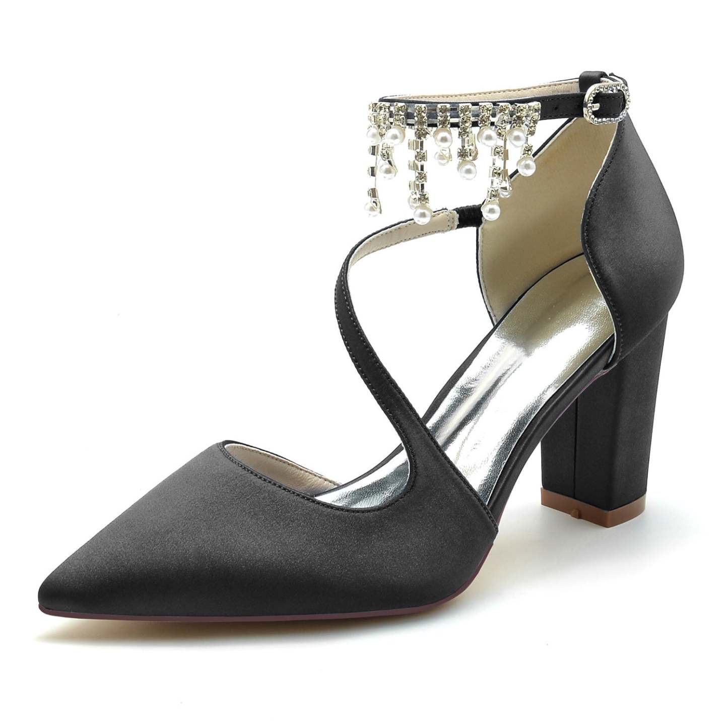 Bridal Shoes for Women with Chunky Pointed Toe and Pearl Buckle in Silk Satin