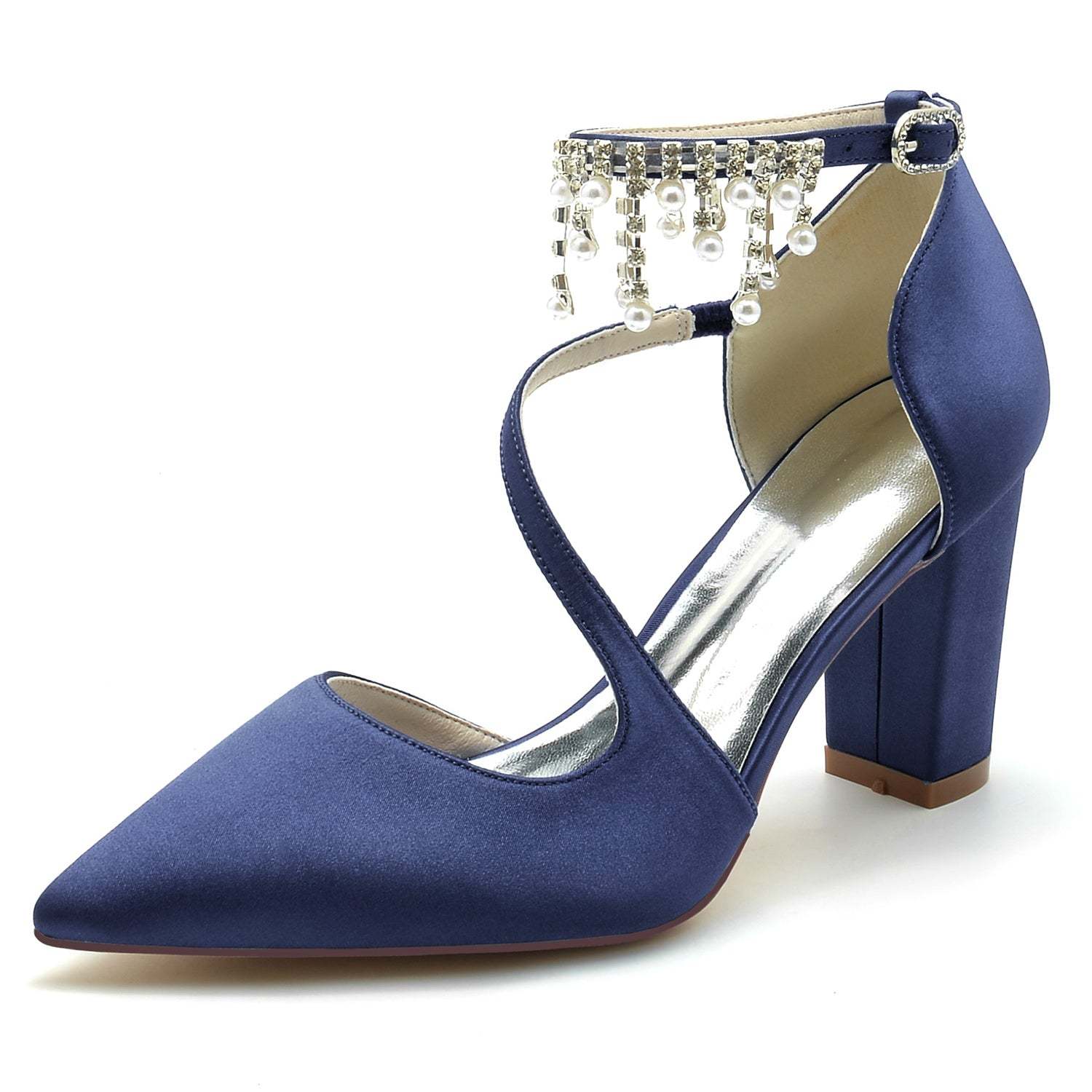 Bridal Shoes for Women with Chunky Pointed Toe and Pearl Buckle in Silk Satin