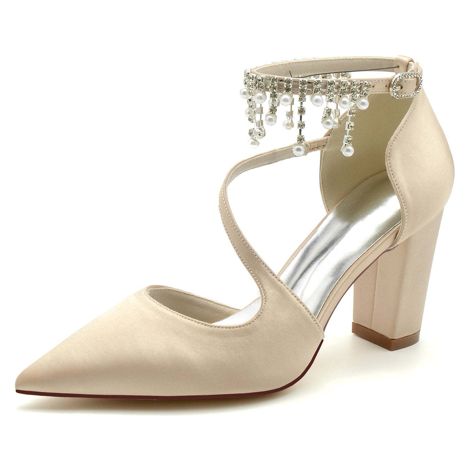 Bridal Shoes for Women with Chunky Pointed Toe and Pearl Buckle in Silk Satin