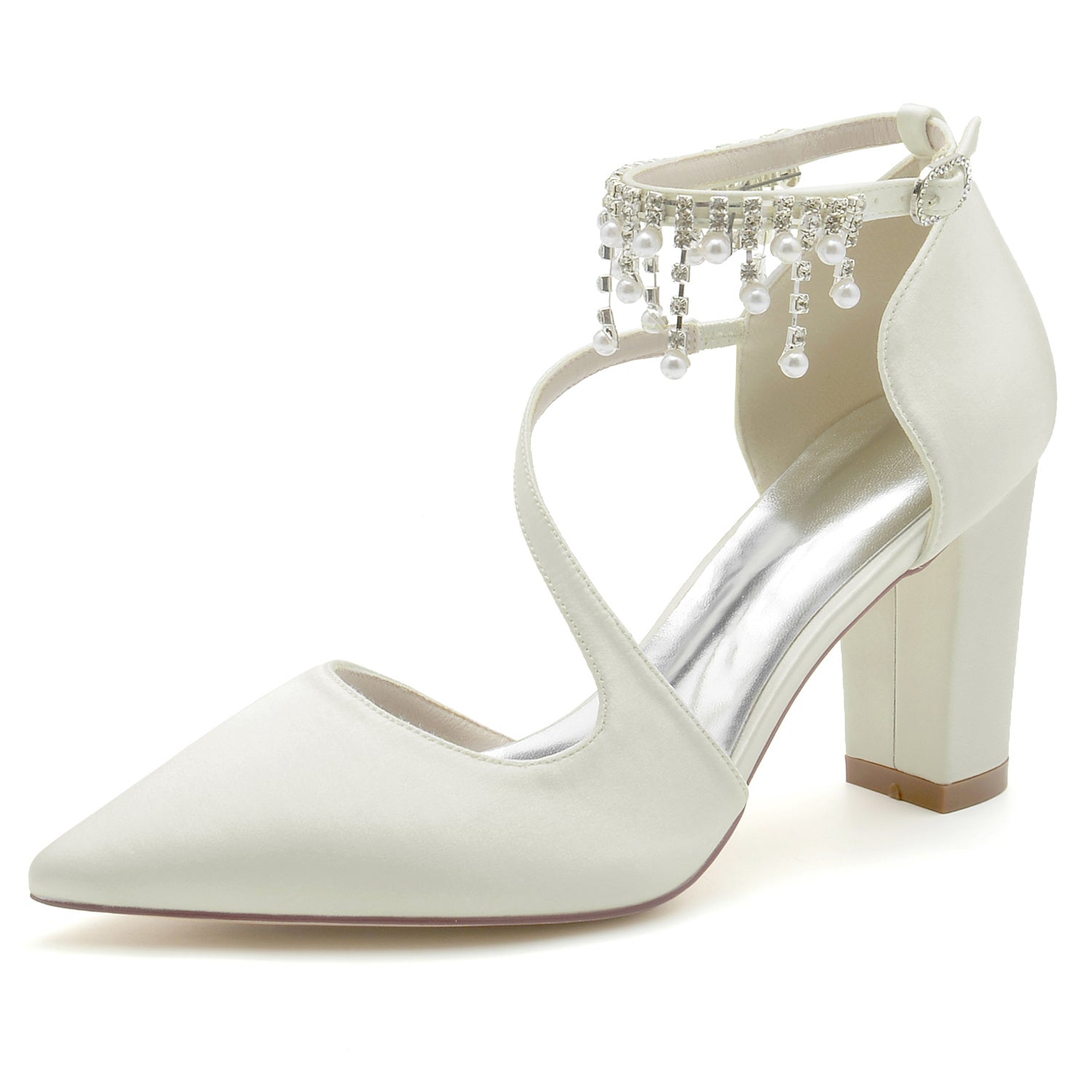 Bridal Shoes for Women with Chunky Pointed Toe and Pearl Buckle in Silk Satin