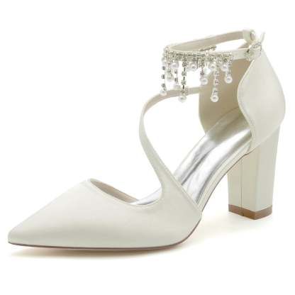 Bridal Shoes for Women with Chunky Pointed Toe and Pearl Buckle in Silk Satin