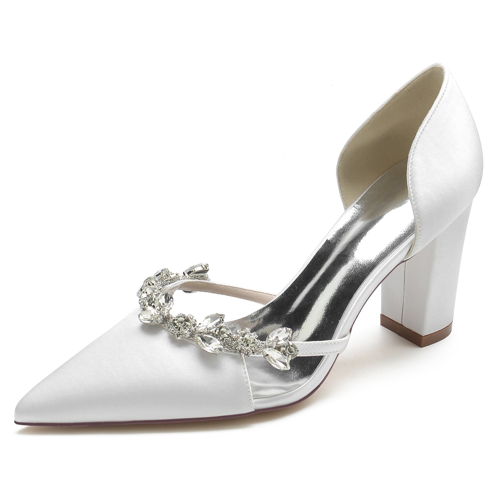 Bridal Shoes for Women with Chunky Pointed Toe in Silk Satin and Rhinestone