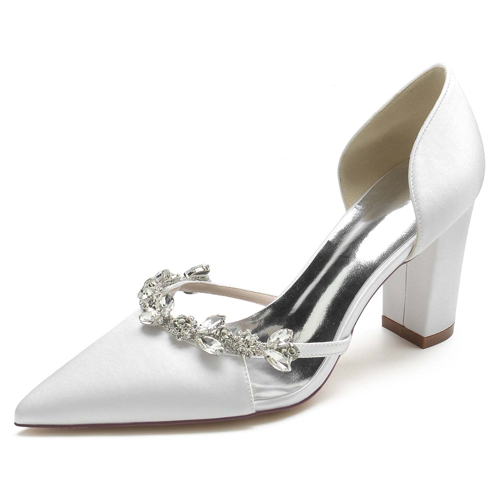 Bridal Shoes for Women with Chunky Pointed Toe in Silk Satin and Rhinestone