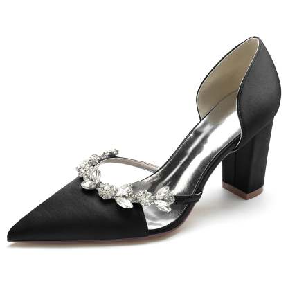 Bridal Shoes for Women with Chunky Pointed Toe in Silk Satin and Rhinestone
