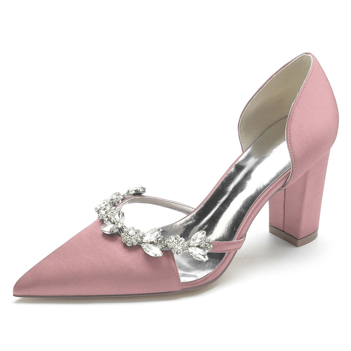 Bridal Shoes for Women with Chunky Pointed Toe in Silk Satin and Rhinestone