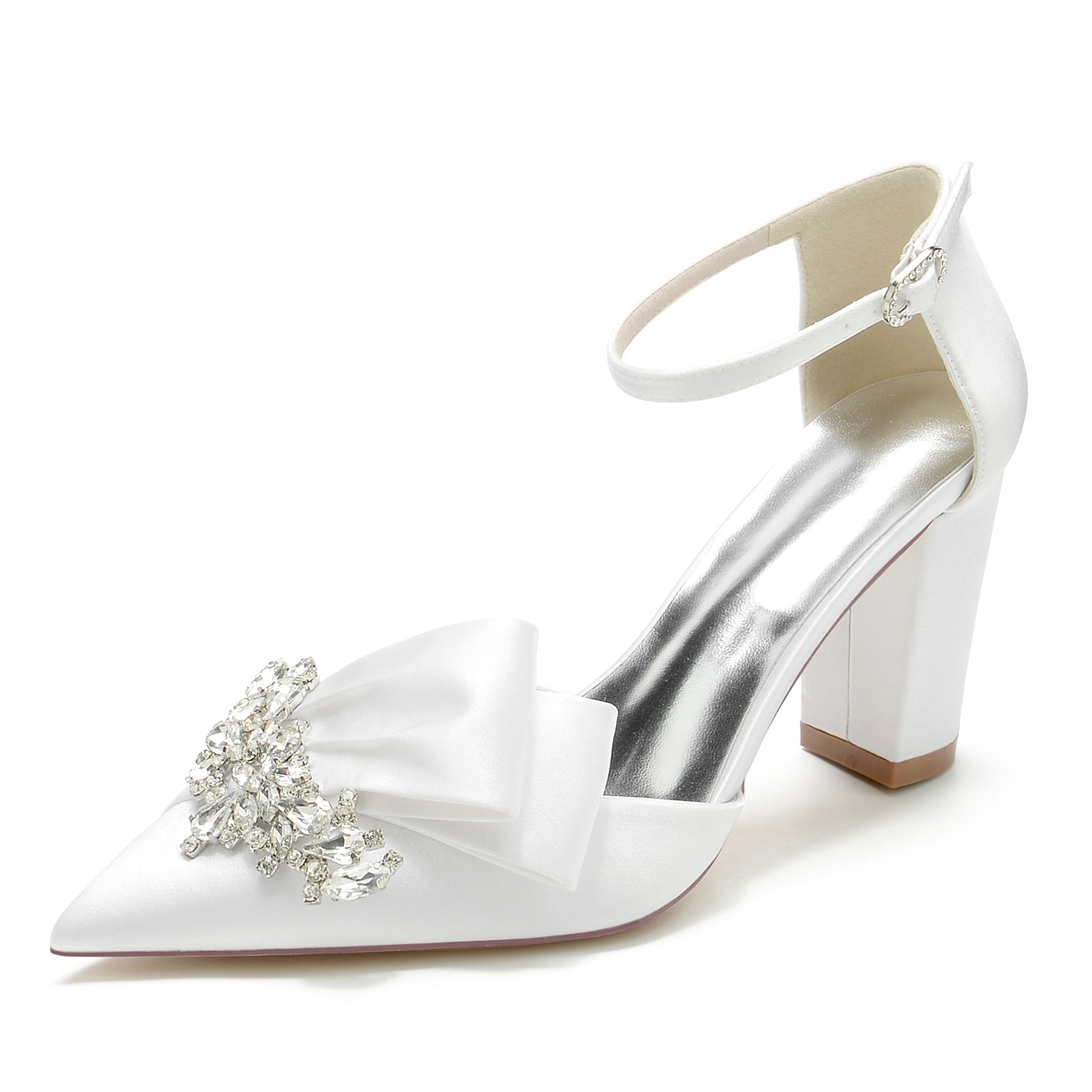 Bridal Shoes for Women with Chunky Pointed Toe Silk Satin and Rhinestone Buckle