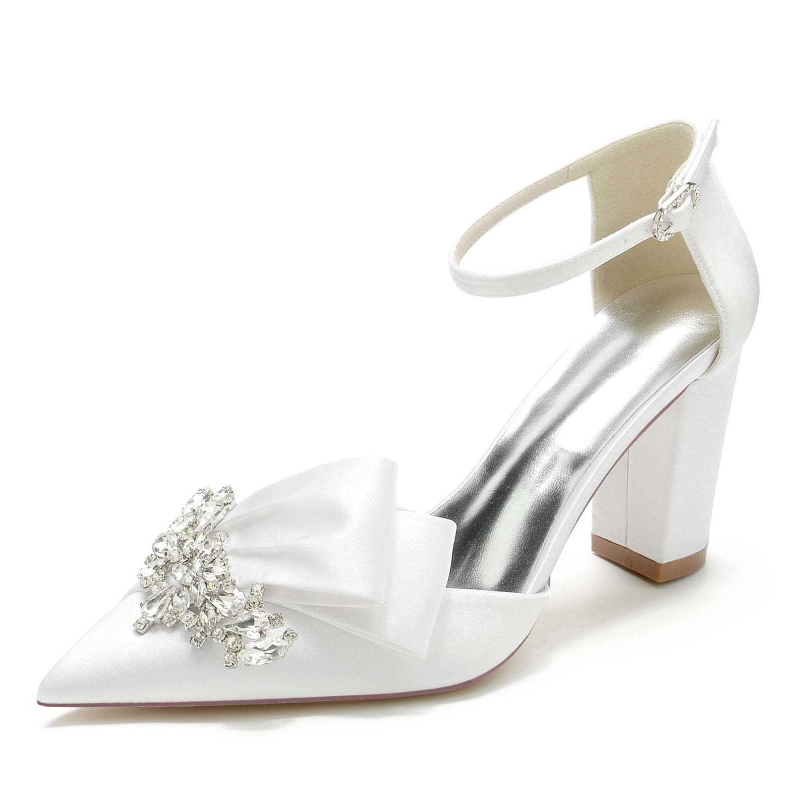 Bridal Shoes for Women with Chunky Pointed Toe Silk Satin and Rhinestone Buckle