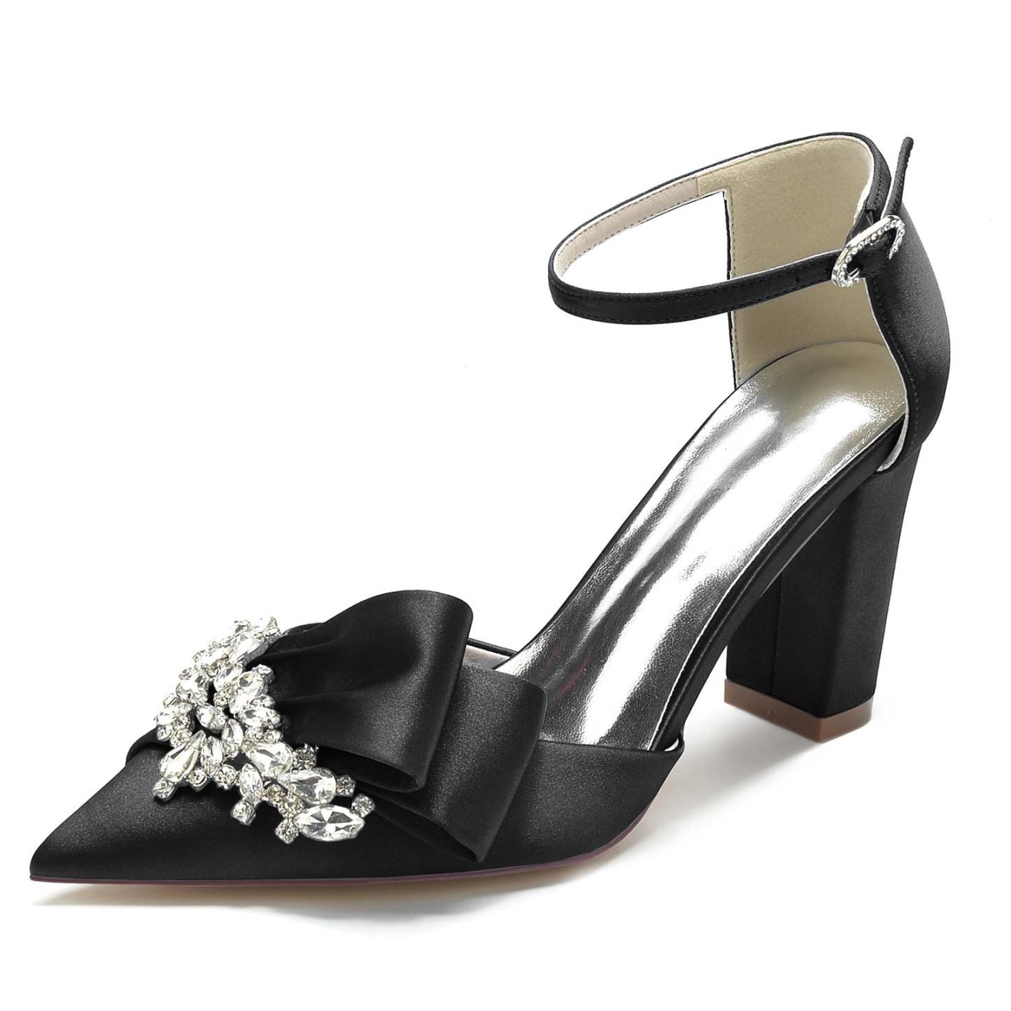 Bridal Shoes for Women with Chunky Pointed Toe Silk Satin and Rhinestone Buckle