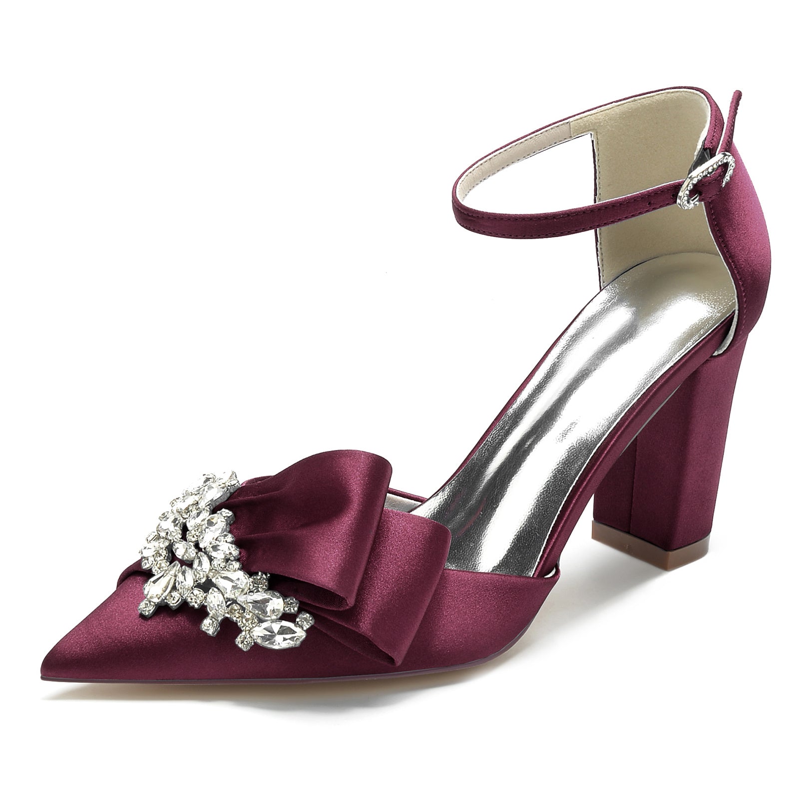 Bridal Shoes for Women with Chunky Pointed Toe Silk Satin and Rhinestone Buckle