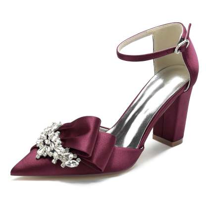 Bridal Shoes for Women with Chunky Pointed Toe Silk Satin and Rhinestone Buckle