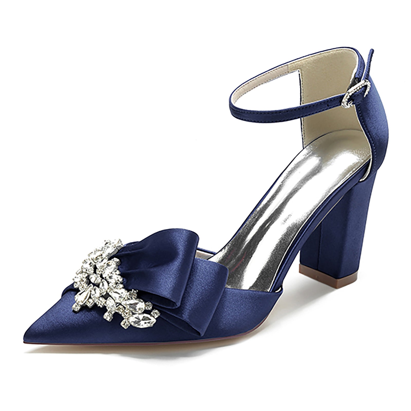 Bridal Shoes for Women with Chunky Pointed Toe Silk Satin and Rhinestone Buckle