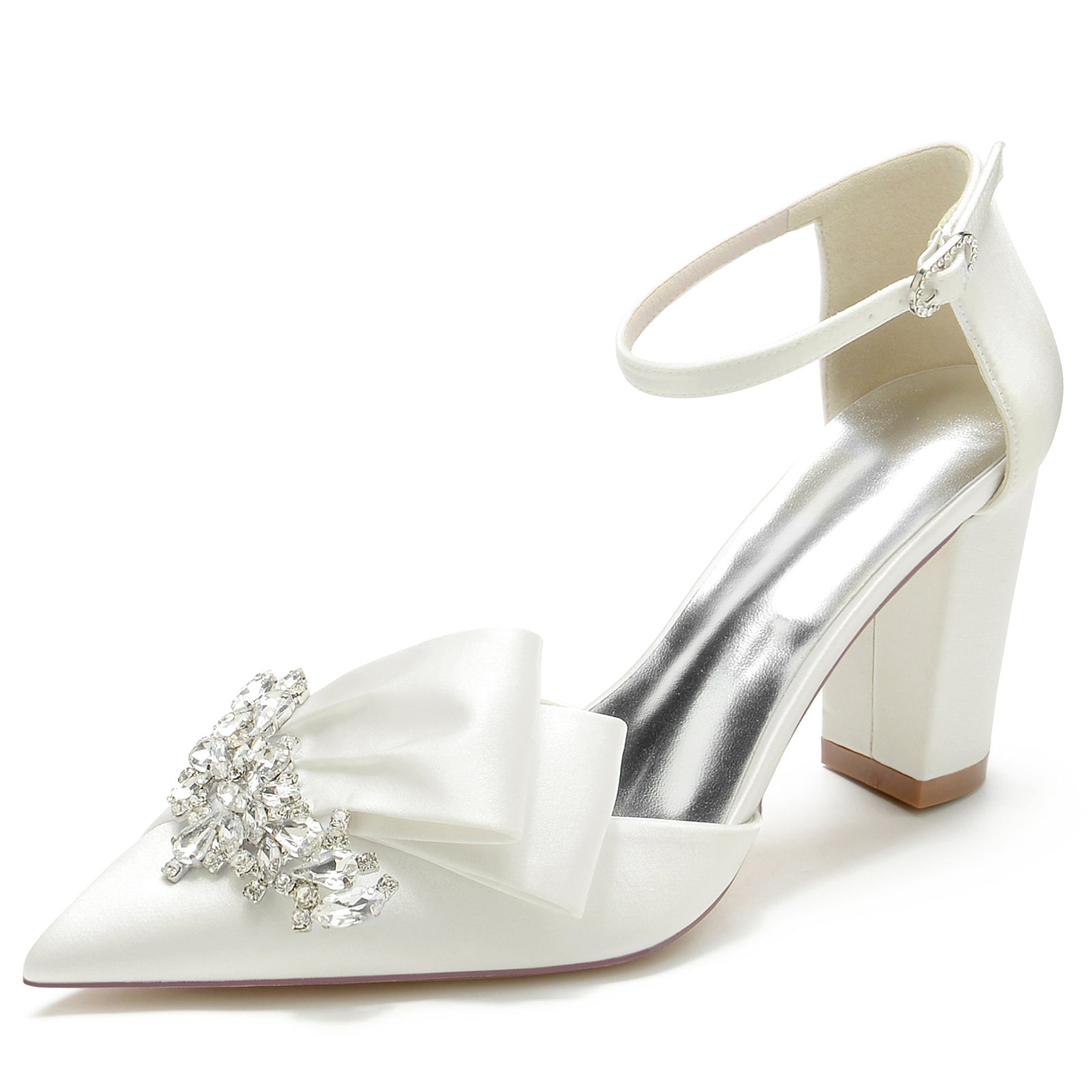 Bridal Shoes for Women with Chunky Pointed Toe Silk Satin and Rhinestone Buckle