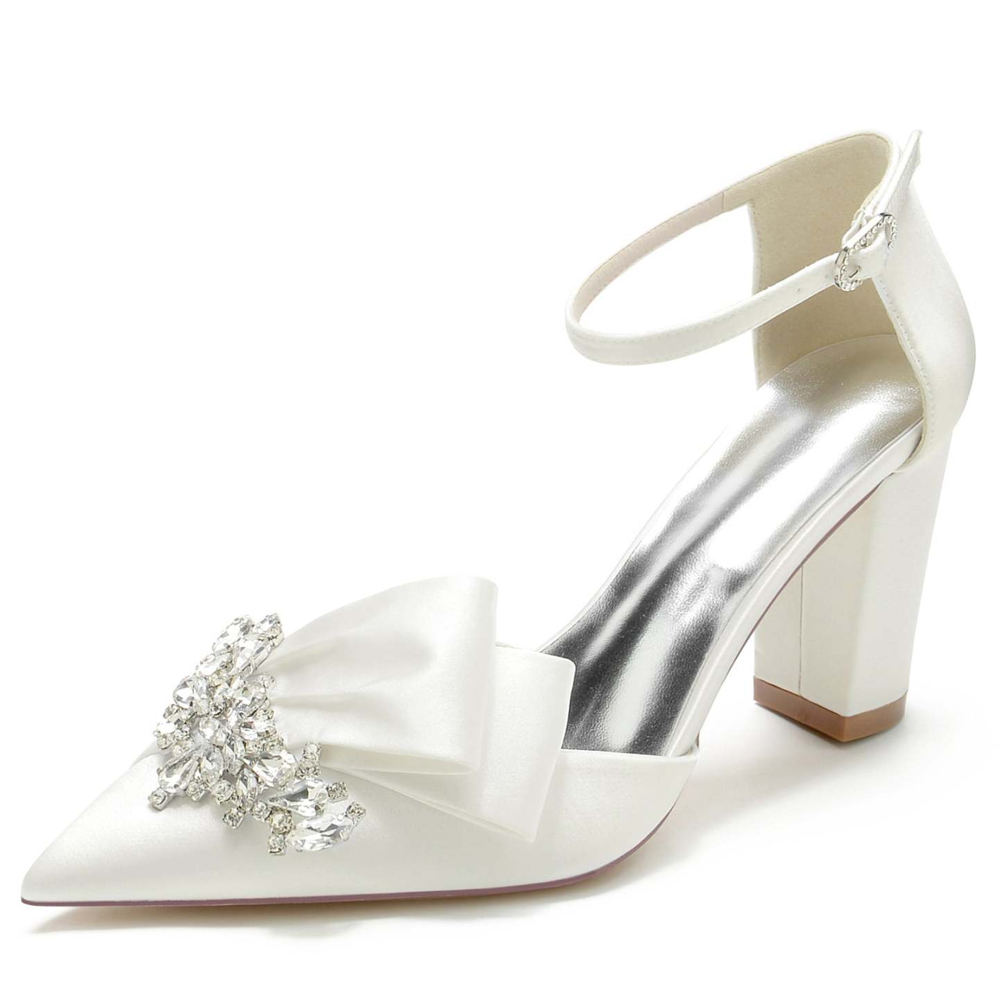 Bridal Shoes for Women with Chunky Pointed Toe Silk Satin and Rhinestone Buckle