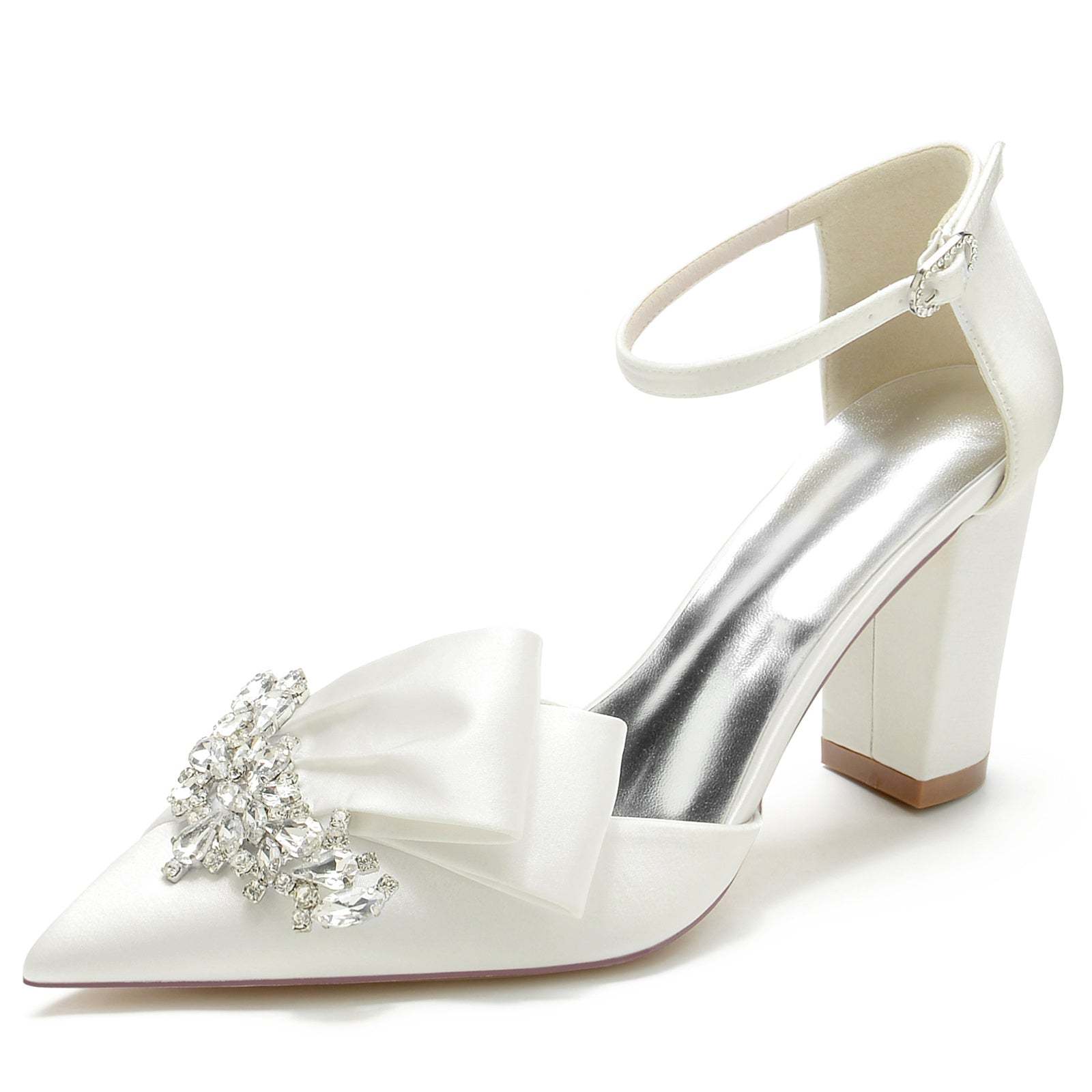 Bridal Shoes for Women with Chunky Pointed Toe Silk Satin and Rhinestone Buckle