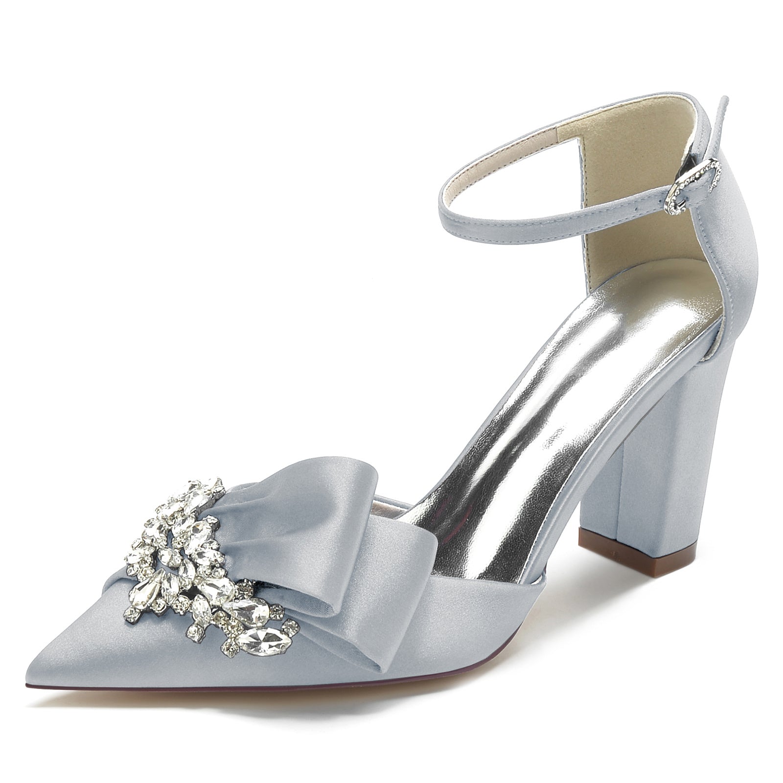 Bridal Shoes for Women with Chunky Pointed Toe Silk Satin and Rhinestone Buckle