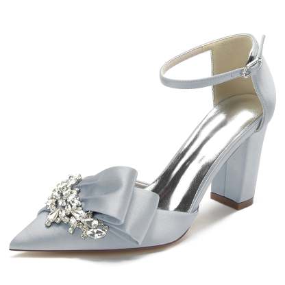 Bridal Shoes for Women with Chunky Pointed Toe Silk Satin and Rhinestone Buckle