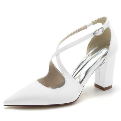 Bridal Shoes for Women with Block Heel Crossed Straps and Pointed Toe