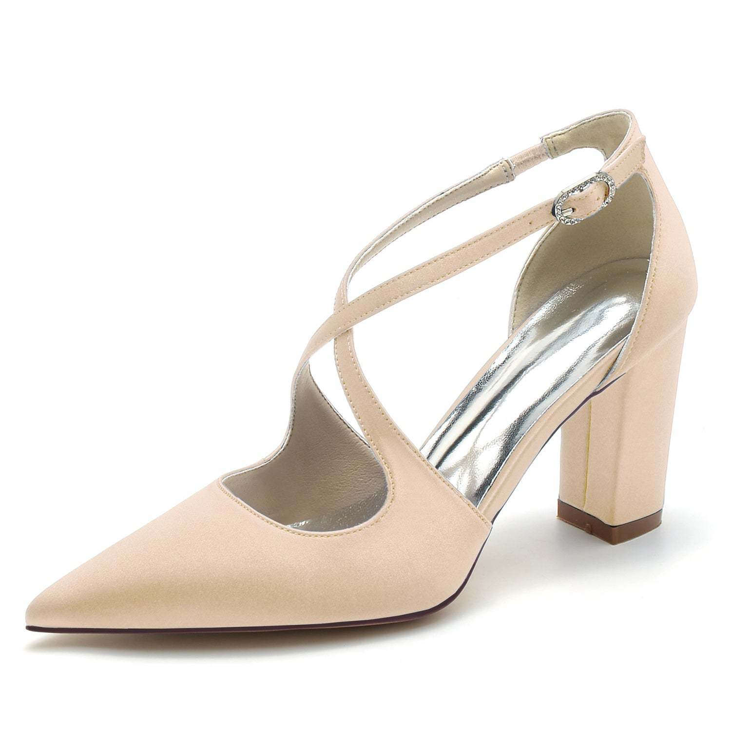 Bridal Shoes for Women with Block Heel Crossed Straps and Pointed Toe