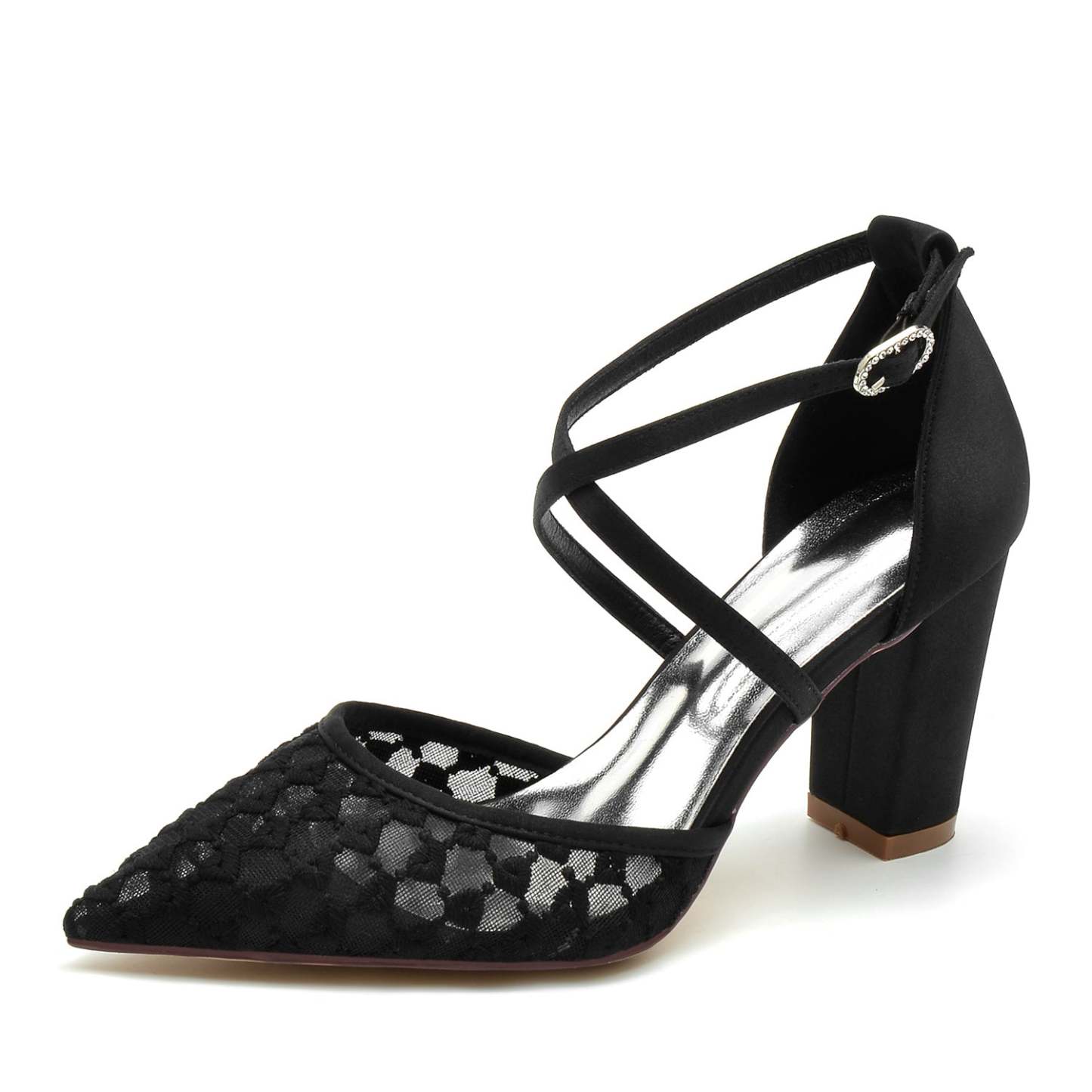 Bridal Shoes for Women with Chunky Pointed Toe and Buckle in Silk Satin Mesh
