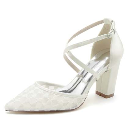 Bridal Shoes for Women with Chunky Pointed Toe and Buckle in Silk Satin Mesh