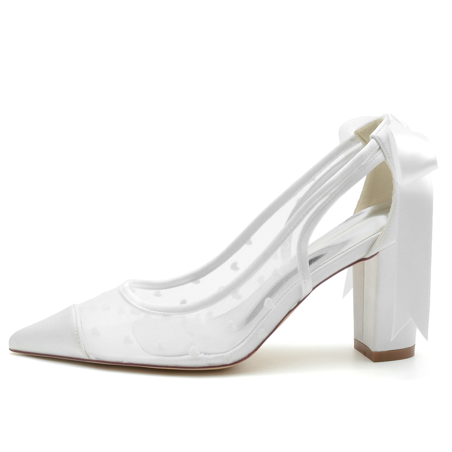 Bridal Shoes for Women with Lace and Bow Tie Pointed Toe Block Heel