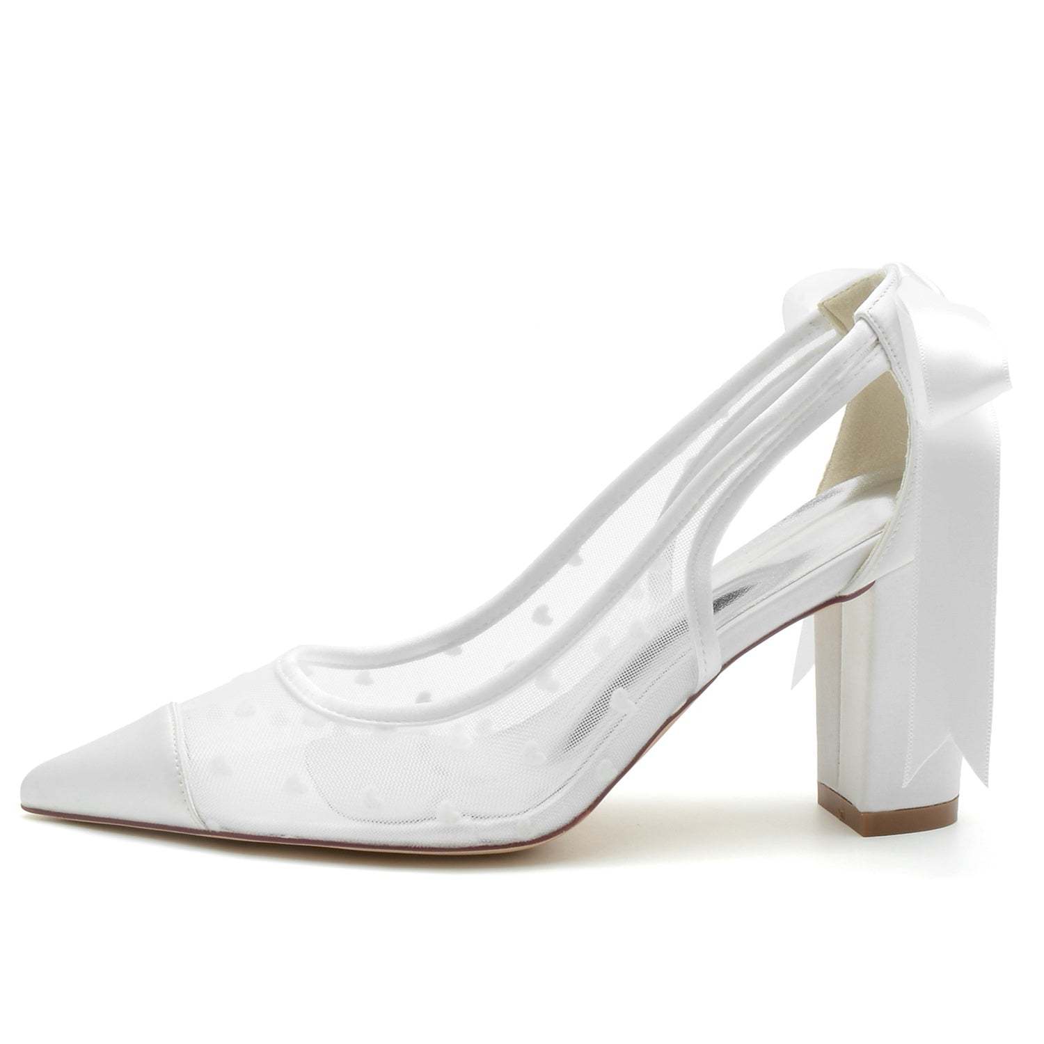 Bridal Shoes for Women with Lace and Bow Tie Pointed Toe Block Heel
